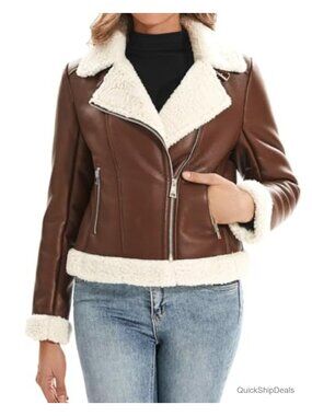 Faux Leather Moto Jacket Sherpa Lined Cropped Winter Coat